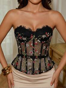 Glamine Women's Elegant French Floral Embroidered Fishbone Sheer Sexy Bandeau Top - Black - View 6