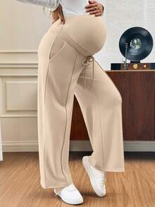 SHEIN Maternity Solid Color Adjustable Waist Casual Versatile Daily Wear Long Pants Fall,Autumn Outfit For Women - Khaki - View 4
