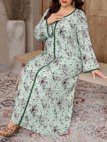 Al Najma 大尺碼女款優雅花卉印花阿拉伯風洋裝 - 綠色 - 查看 4