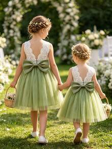 SHEIN Glamorique Kids 女童無袖洋裝，白色蕾絲背部設計搭配綠色柔軟網紗裙襬，可拆式蝴蝶結，適合生日派對、婚禮花童、家庭聚會、畢業舞會等正式場合，亦可日常度假穿著，兒童攝影，清新儀式感 - 綠色 - 查看 1