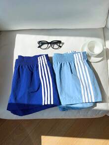 Comfortcana 2件組女款側條紋鬆緊腰休閒寬鬆運動短褲，夏季休閒百搭短褲，適合日常街頭穿搭 - 藍色 - 查看 4