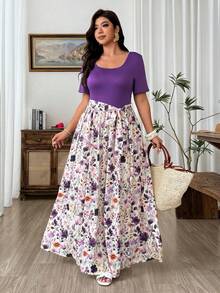 Weeklong Plus Size Purple Watercolor Floral Bow Tie Dress, Suitable For Vacation Outfit Bow Beach Women Outfits Summer Women Outfit Romantic Dress - Purple - View 7