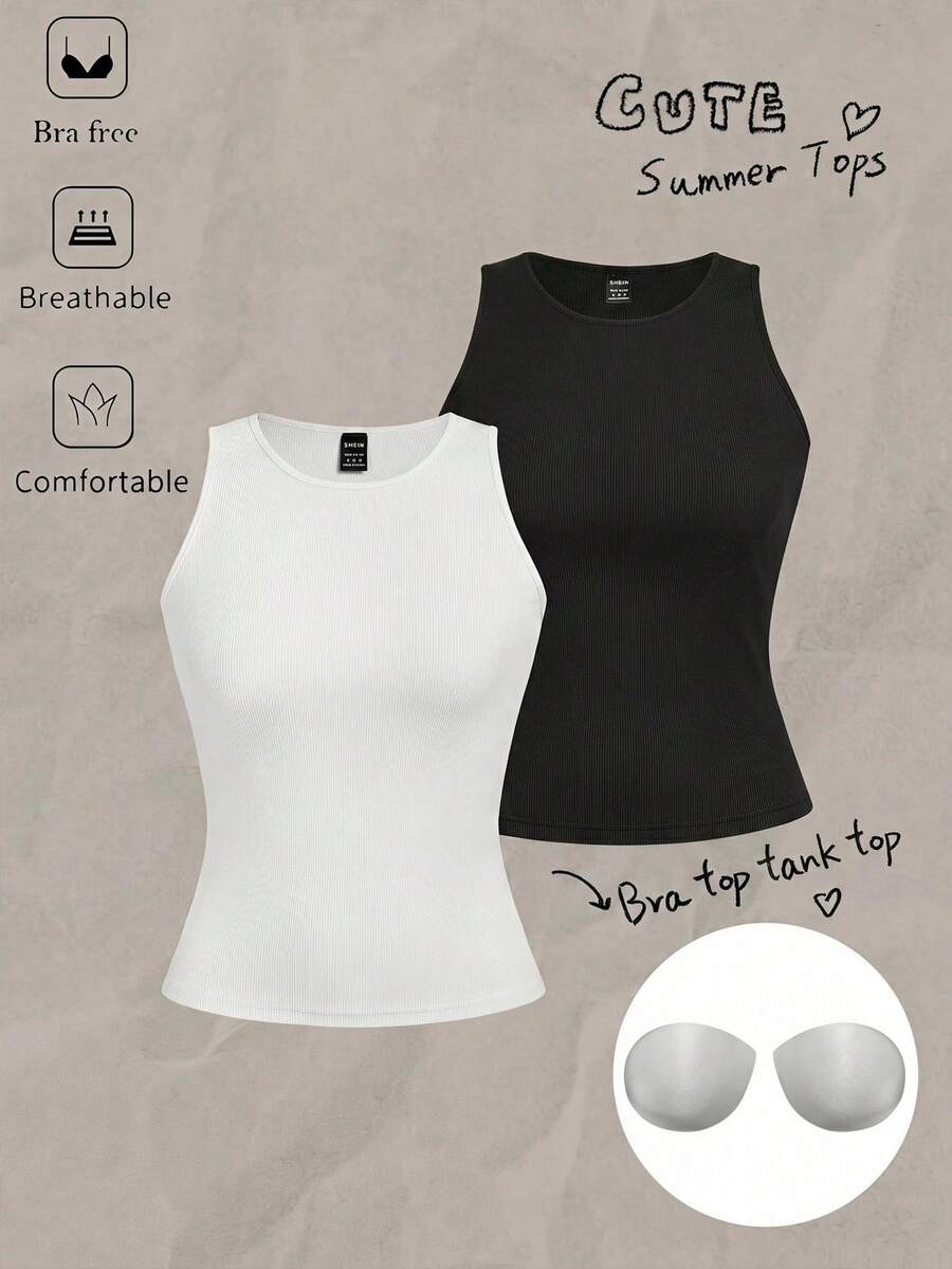 SHEIN EZwear 2件裝休閒圓領修身女款背心,適合夏季返校,內建胸墊設計,無需穿胸墊,四季皆宜,適合日常通勤、派對、秋冬/夏季、聖誕節、新年、感恩節、派對、婚禮、海灘、畢業典禮、優雅、外出、約會、通勤、情人節、優雅、度假 - 彩色 - 查看 1