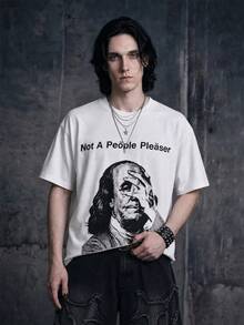 Vyqestra Men's Letter & Figure Print Round Neck Short Sleeve T-Shirt - White - View 4