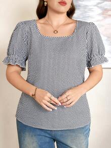 SHEIN LUNE 大尺碼女款格紋方領短泡泡袖休閒襯衫，80年代 1950年代 90年代復古風，正式度假、慕尼黑啤酒節、黑色與白色夏季晚餐穿搭 - 黑與白 - 查看 4