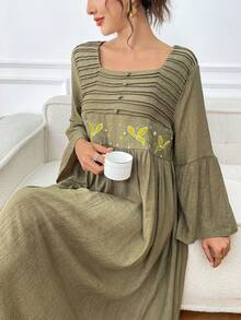 Yasmyna 女款刺繡百褶紋理阿拉伯傳統長裙 優雅 - 綠色 - 查看 6