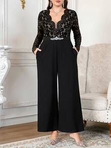 Reflora Mono de talla grande con patchwork de encaje y decoración de strass para otoño - Negro - Ver 6