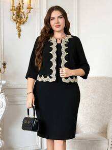 Ellevyn Fashion Elegant Lace Decor Top Dress 2 Pieces Set Plus Size Cocktail Gym Brown Autumn Fall - Black - View 8