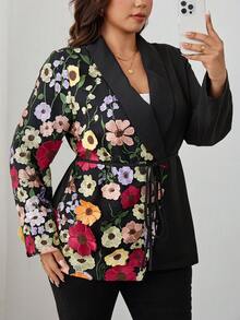 Reflora Plus Size Women's Floral Embroidered Shawl Collar Long Sleeve Elegant Blazer - Black - View 8