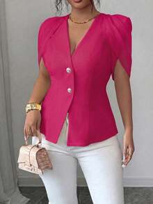 Elenzga Plus Size Women's Spring/Summer New Arrival Light Mature Commuter Style 70's Casual Elegant Pastel V-Neck Blouse Puff Sleeve Patchwork Slimming Top - Hot Pink - View 5