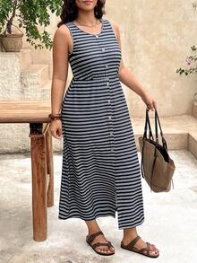 SHEIN Frenchy 大尺碼女款圓領條紋休閒派對與旅行洋裝 - 黑色 - 查看 3