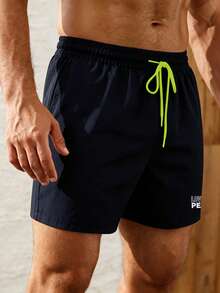 Manfinity KASUA Men Plus Size Holiday Beach Pool Letter Printed Elastic Waist Swim Shorts With Mesh Lining Milk Silk Lining - Navy Blue - View 3