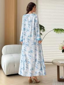 Yasmyna 浪漫花卉印花優雅長版寬鬆休閒女款阿拉伯風洋裝 - 藍色 - 查看 3