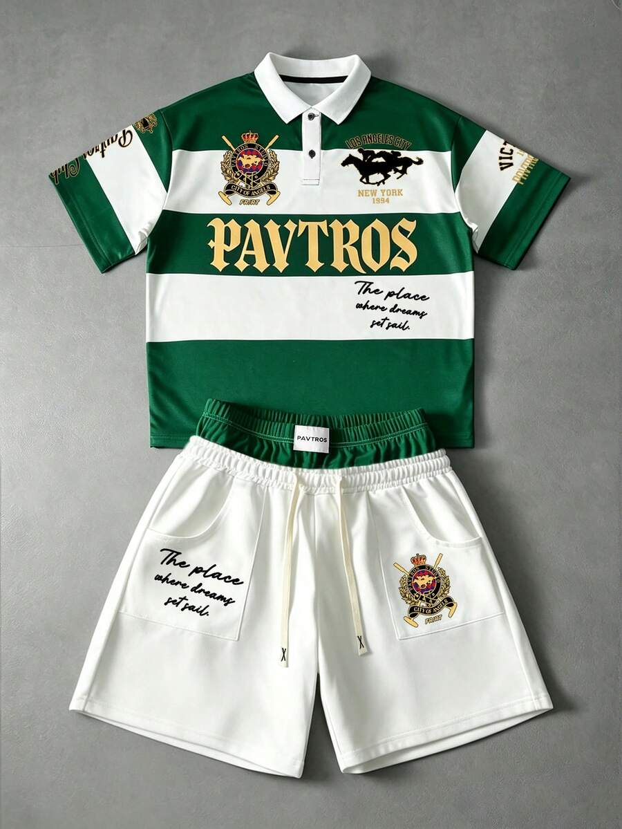 PAVTROS 男士美式學院風徽章刺繡T恤短褲兩件套,Polo領半袖T恤,2合1短褲,針織運動套裝,美式復古學院風,高街時尚,奢華運動風,日常通勤、校園活動、聚會、輕社交、高爾夫及其他戶外運動,節日禮物 - 綠色 - 查看 1