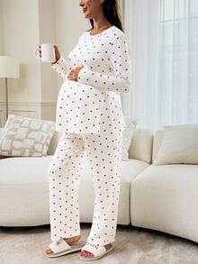 Slowluna Maternity Heart Print Side Slit Hem Long Sleeve Top And Adjustable Waist Long Pants Casual 2 Pieces Set Fall,Autumn Outfit For Women - White - View 6