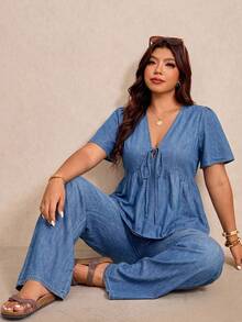 Elaquor Plus Size Women's Front Tie Short Sleeve Top And Pants Casual Denim Two Pieces Set - White - View 7