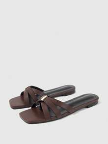 Sleekvia Ladies' Classic Simple Commute Dark Brown Strap With Gold Buckle, Comfortable Small Square Toe Flat Bottom Sandals, Suitable For Commuting, Vacation, Beach - dark brown - View 9