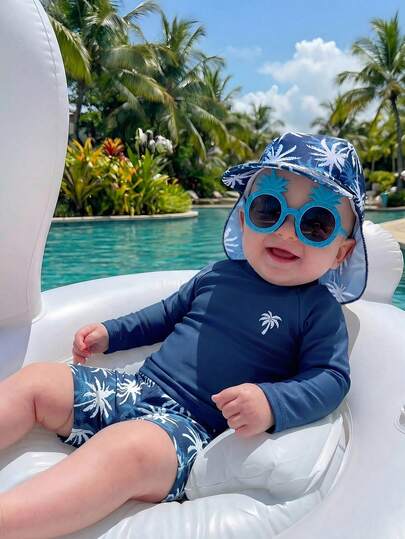 SHEIN Bubblio Unisex Baby 3pcs/Set Blue Cute Coconut Tree Pattern Long Sleeve Rash Guard Swimsuit And Sun Protection Hat Set, Swimwear For Beach, Swimming, Vacation
