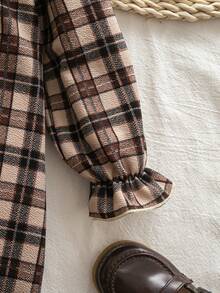 Emery Rose Kids Emery Rose Kids 復古棕色格紋女童洋裝，荷葉領，荷葉邊飾，手工鉤編細節，喇叭袖，秋冬公主洋裝 - 彩色 - 查看 7