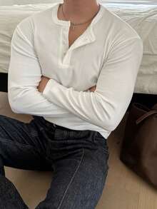 DAZY Men's White Ribbed Fabric Long Sleeve Crew Neck Half-Button Solid Color T-Shirt - White - View 2
