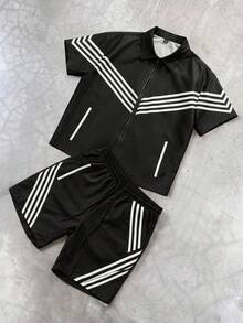 PAVTROS Men's Casual Shirt Set, Striped Print Casual Set - Black - View 5