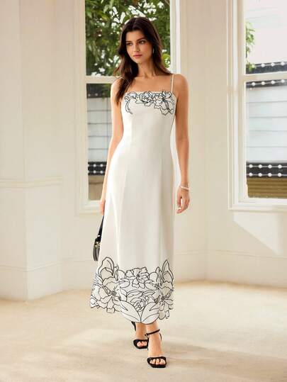 MOTF PREMIUM WOMEN'S SPRING/SUMMER ELEGANT ROMANTIC MATURE STYLE DATE COMMUTE FLORAL EMBROIDERY 3D FLOWER WAIST-CINCHING SLIMMING BEIGE MID-LENGTH SPAGHETTI STRAP DRESS