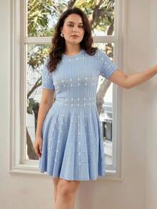 MOTF PREMIUM WOMEN'S PLUS SIZE SHORT SLEEVE ROUND NECK BLUE SHORT SWEATER DRESS FOR DAILY WEAR AND DATING, AUTUMN/WINTER - Blue - View 6