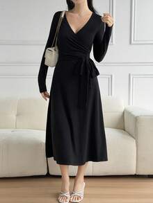 DAZY Women's Solid Color Tie Wrap Midi Dress - Black - View 5