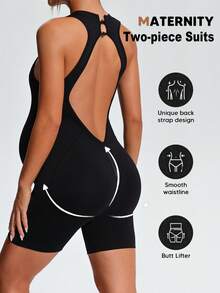 SHEIN Maternity Solid Color Casual Daily Wear Sports Romper - Black - View 7