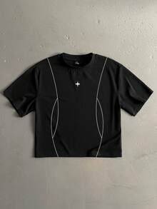 Manfinity ZONE917 Kaos Pendek Hitam Model Boxy Cropped Longgar dengan Blok Warna dan Motif Salib Duri - Hitam - View 1