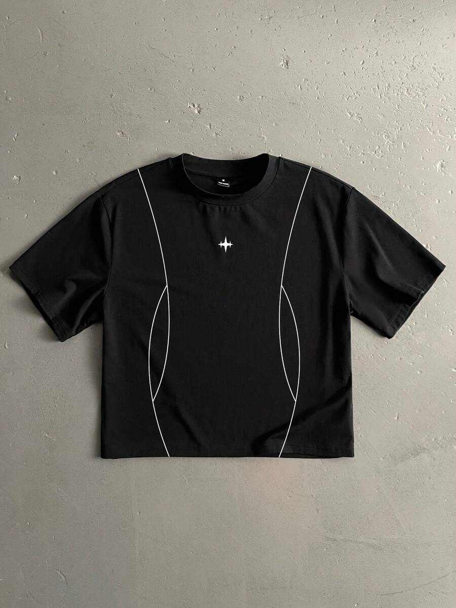 Manfinity ZONE917 Kaos Pendek Hitam Model Boxy Cropped Longgar dengan Blok Warna dan Motif Salib Duri - Hitam - View 1