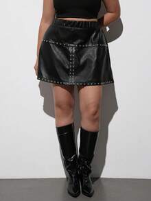 Maija Plus Size PU Rivet Casual Goth 70's 80s Mini Skirt Cocktail Night Out Evening Vacation Brunch Rave Clubbing Dark Green Summer Autumn Halloween Fall - Black - View 5