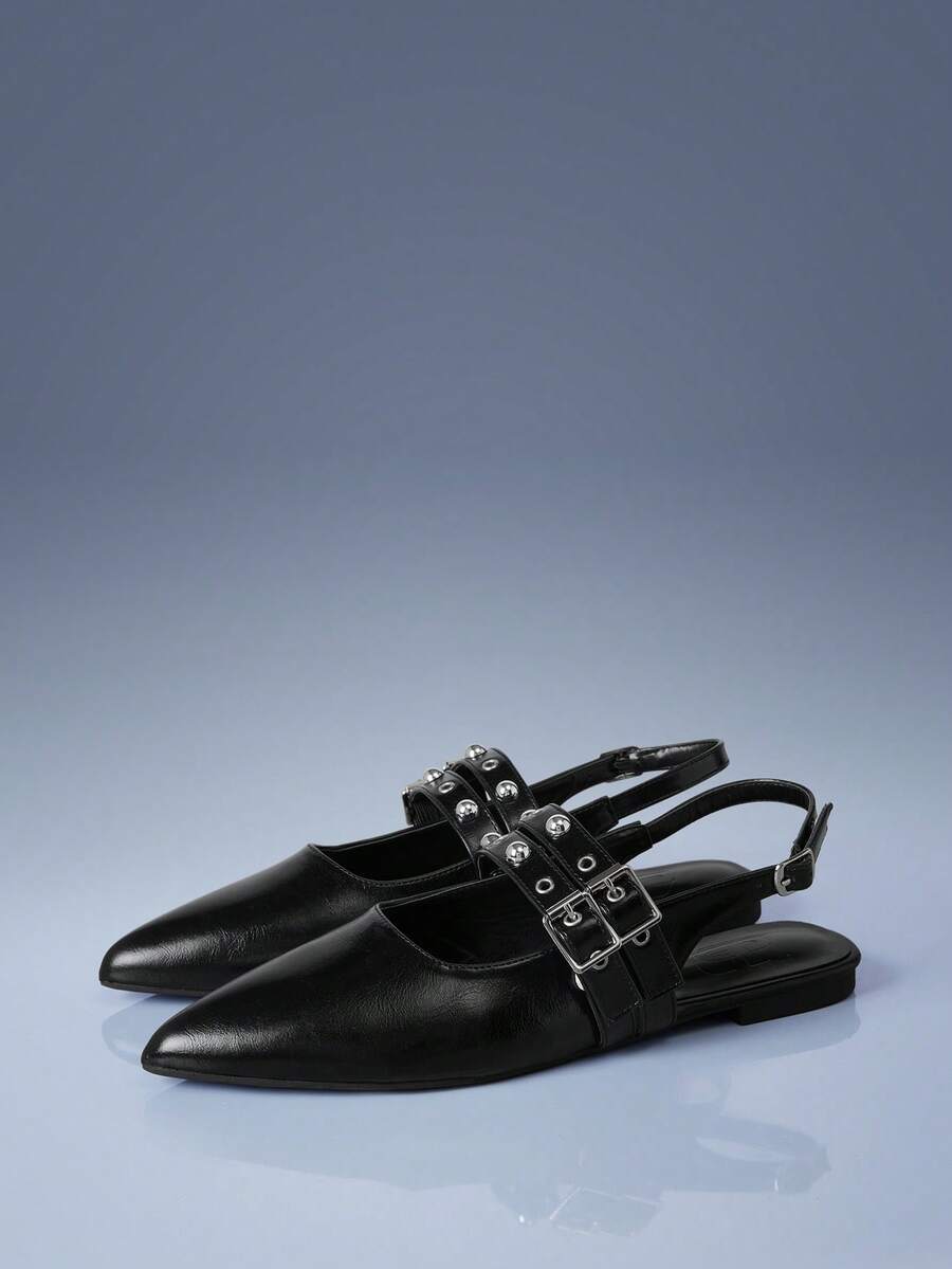 CUCCOO GRLICON Niche Design Black Pointed Double Rivet Shoes, Bright Leather Rear Strap Comfortable Low Vamp Women's Shoes - Black - View 1