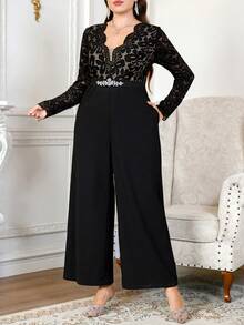 Reflora Mono de talla grande con patchwork de encaje y decoración de strass para otoño - Negro - Ver 5