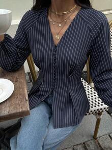 Siren Gaze Women's Navy Striped V-Neck Button-Front Shirt With A Fitted Waist And Lantern Sleeves-A Slimming Top Ideal For The Workplace - Navy Blue - View 4