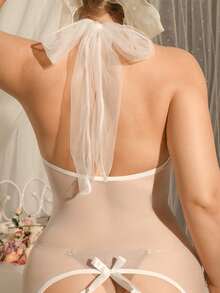 Spicy Aura Body sexy minimalista de malla blanca con lazo, cordones y abertura, lencería talla grande - Blanco - Ver 2
