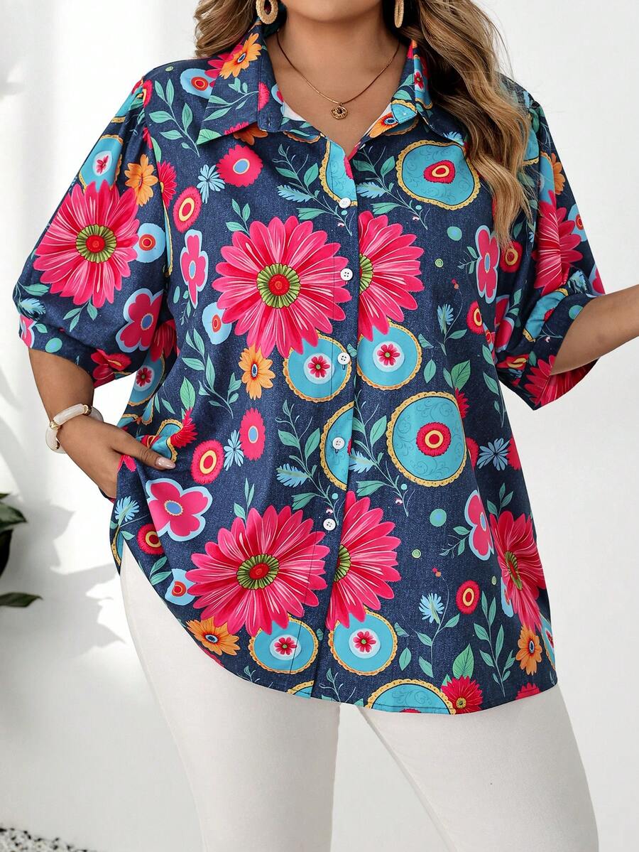 SHEIN CURVE+ 大尺碼女款翻領短袖印花襯衫 - 彩色 - 查看 1