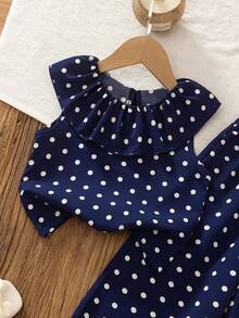 SHEIN Vintaside Kids 女童深藍色波點無袖荷葉邊兩件套，上衣配精緻荷葉領與無袖剪裁，下身配同款布料寬腿褲，適合居家玩耍、小睡、散步、公園遊玩與短途旅行 - 藏蓝色 - 查看 4