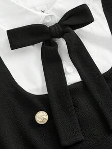 Girlism 兒童青少年女童甜美學院風蝴蝶結金屬扣拼接兩件式洋裝，休閒校園風，適合日常上學穿著，開學季適用 - 黑與白 - 查看 5