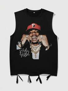 ROMWE MEN Áo tank top nam size lớn in hình nhân vật và chữ, gấu áo đính tua rua - màu đen - Xem 7