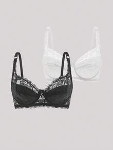 Hourtrue 2 Packs Floral Lace Underwire Lingerie Bra Setfor Summerfor Summer - Black and White - View 1