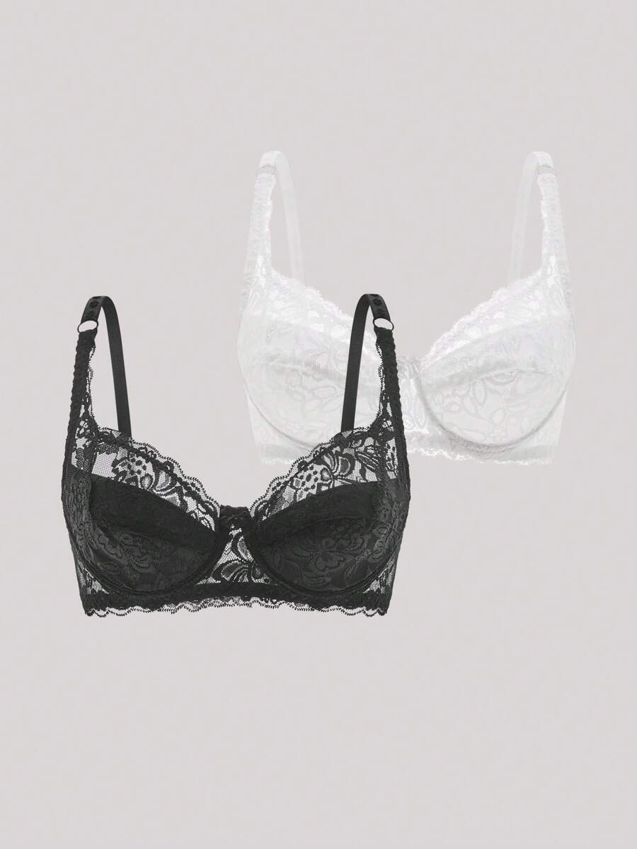 Hourtrue 2 Packs Floral Lace Underwire Lingerie Bra Setfor Summerfor Summer - Black and White - View 1
