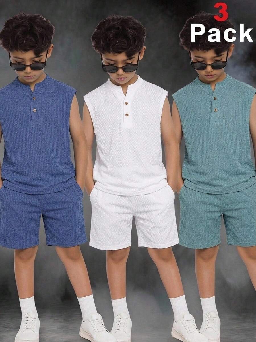 SHEIN 3件組兒童青少年男童半袖裝飾木鈕扣紋理面料藍色、綠色、白色圓領背心T恤,適合夏季休閒出遊、運動、度假、校園場合,百搭百搭 - 彩色 - 查看 1
