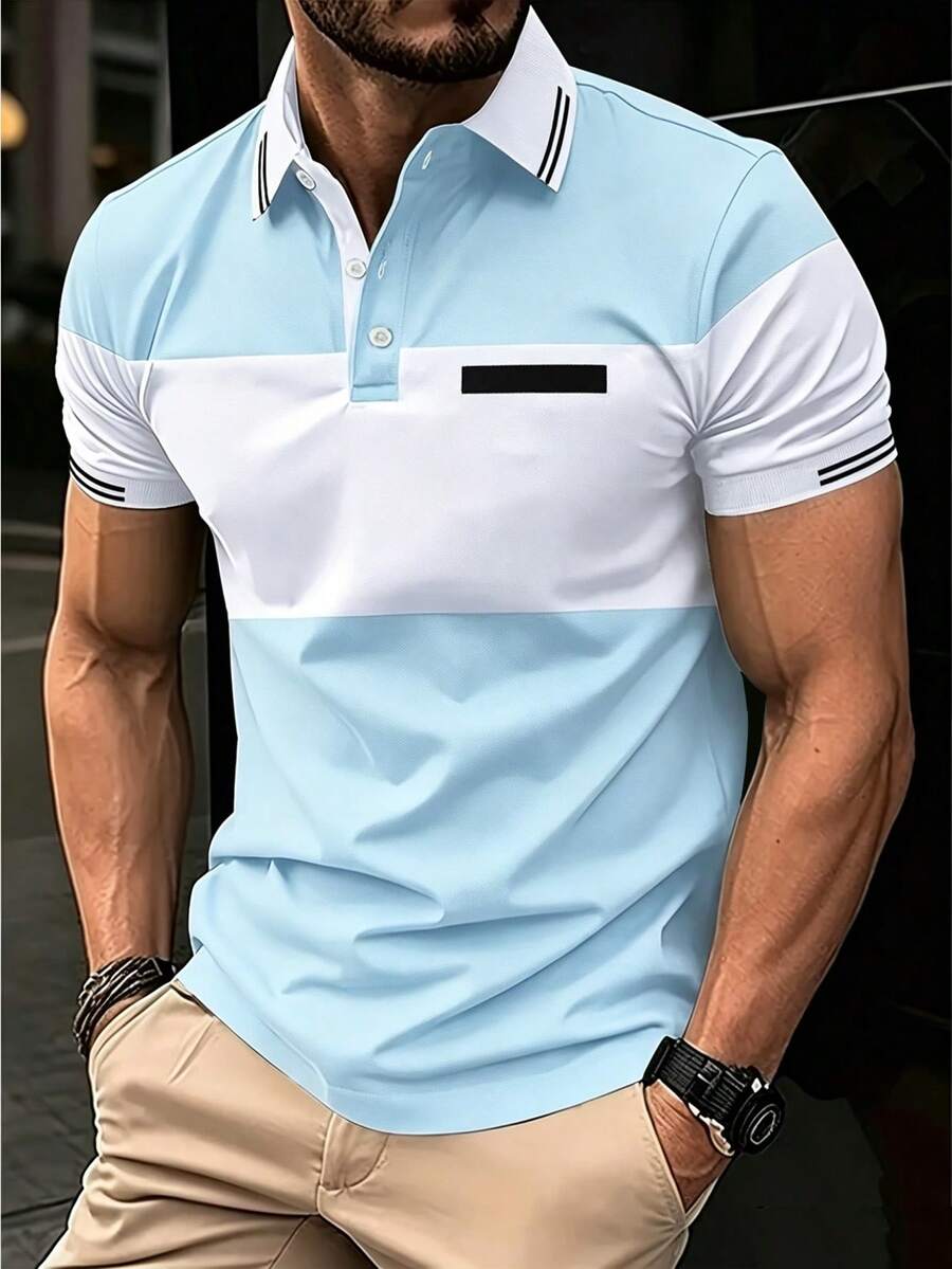 Manfinity Homme Men's Colorblock Casual Commute Short Sleeve Polo Shirt - Blue - View 1