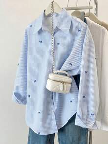 SHEIN 青少年女孩藍白條紋蝴蝶結印花長袖休閒襯衫 - 藍色 - 查看 4