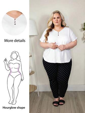 Hourglow Plus Button Detail Batwing Sleeve Tee, For Hourglass Body Shape Casual