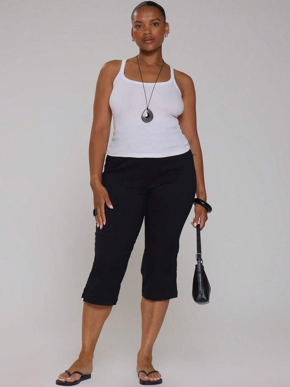 Plus Size Black Mid Rise Capri Trouser Spring Summer Casual Everyday Day Outfit Going Out