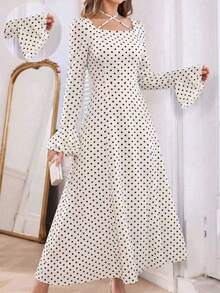 Modelyn French Design Square Neck Waist-Cinched Slimming Tie-Up Long Dress For Women - Apricot - View 4