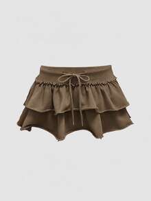 ROMWE Grunge Punk Music Festival Hot Girl Washed Sweatshirt Fabric Ruffle Hem Low Waist Mini Skirt For Women - Brown - View 1