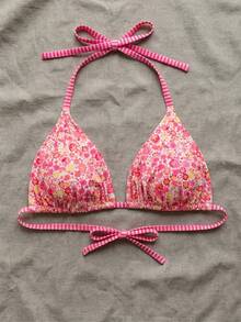 Swim Mod Plus Size Women Ditsy Floral Spaghetti Strap Backless Bikini Top - Hot Pink - View 4